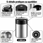 5 détails pratiques du pot isotherme inox 1000 ml : poignée rabattable, valve de décompression, double couvercle, cuve en inox 304 et joint d’étanchéité