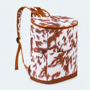Sac à dos isotherme à motif vache marron et blanc, avec bretelles camel