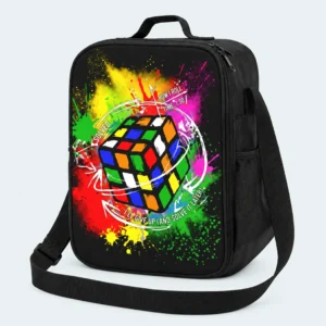 Sac isotherme enfant noir motif Néon, cube coloré sur éclaboussures de peinture multicolores