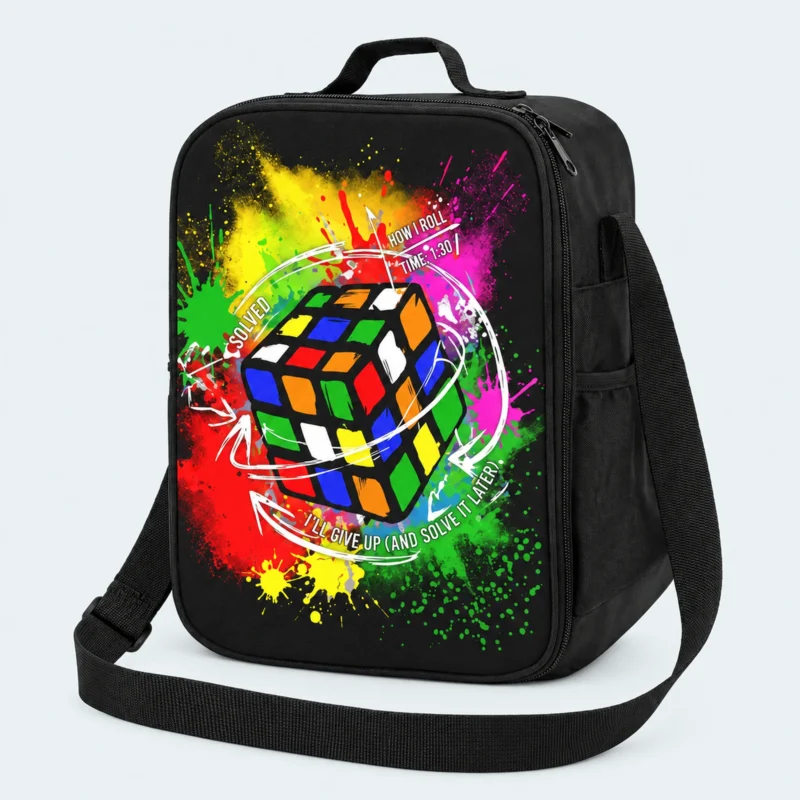 Sac isotherme enfant noir motif Néon, cube coloré sur éclaboussures de peinture multicolores
