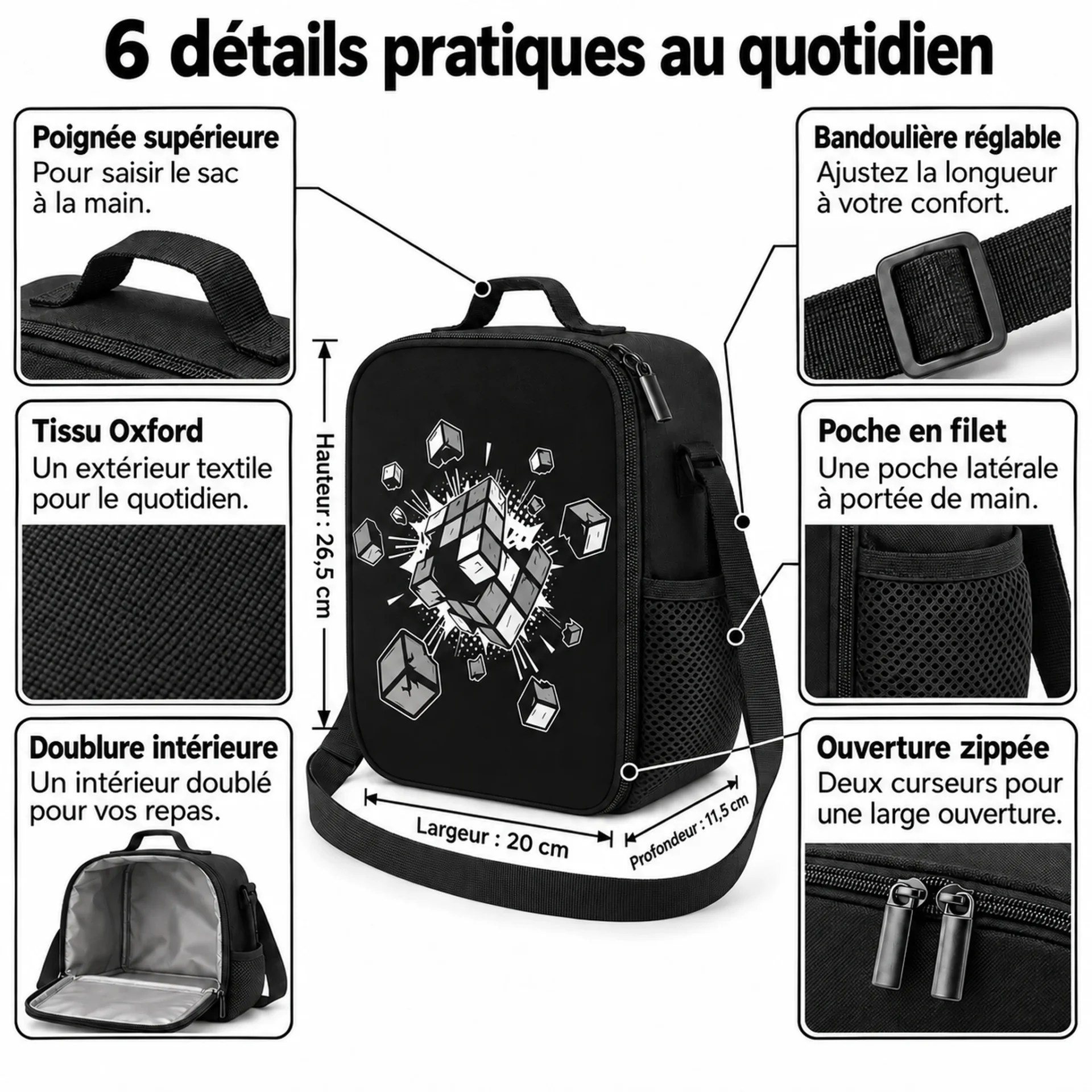 Planche 6 détails du sac isotherme enfant : poignée, bandoulière, tissu Oxford, poche en filet, doublure intérieure et ouverture zippée