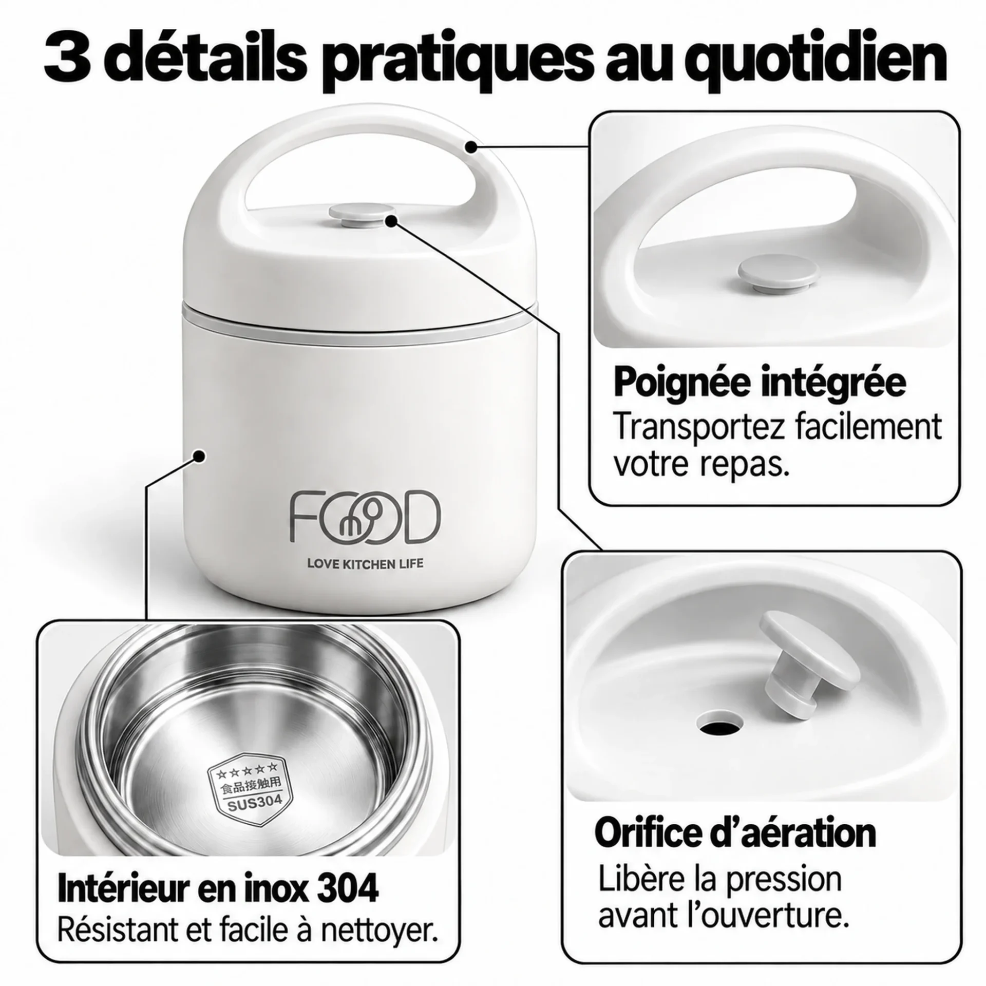 3 détails pratiques du thermos repas chaud inox 460 ml : poignée intégrée, intérieur en inox 304 et orifice d’aération