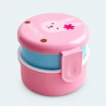 Lunch box bébé ronde rose à motif lapin, 2 bols empilés avec clip latéral