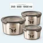 Lot de 3 lunch box inox enfant rondes à motif panda : 350, 600 et 1000 ml
