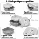4 détails pratiques de la lunch box bébé carrée : deux niveaux, clips latéraux, capacité 540 ml et motif animal
