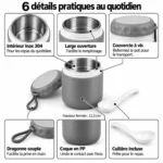 6 détails pratiques du pot isotherme bébé : intérieur inox 304, large ouverture, couvercle à vis, dragonne, coque en PP et cuillère incluse