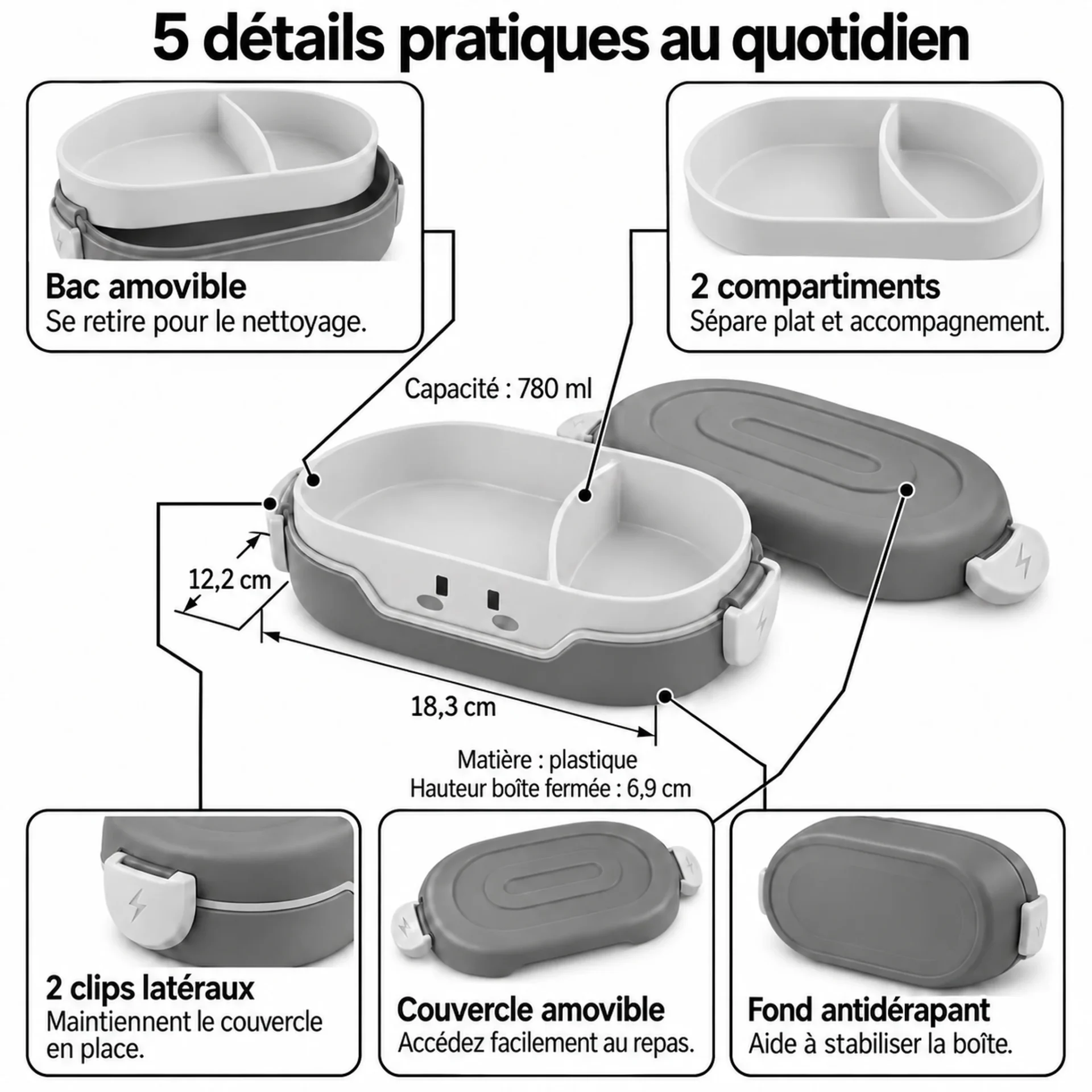 5 détails pratiques de la lunch box bébé portable : bac amovible, 2 compartiments, 2 clips latéraux, couvercle amovible et fond antidérapant