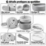 6 détails pratiques de la lunch box bébé ronde : deux bols, clips latéraux, plastique PP, 540 ml, motif animal et fourchette incluse