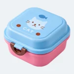 Lunch box bébé carrée bleue à motif chat, 2 niveaux avec fermeture à clip