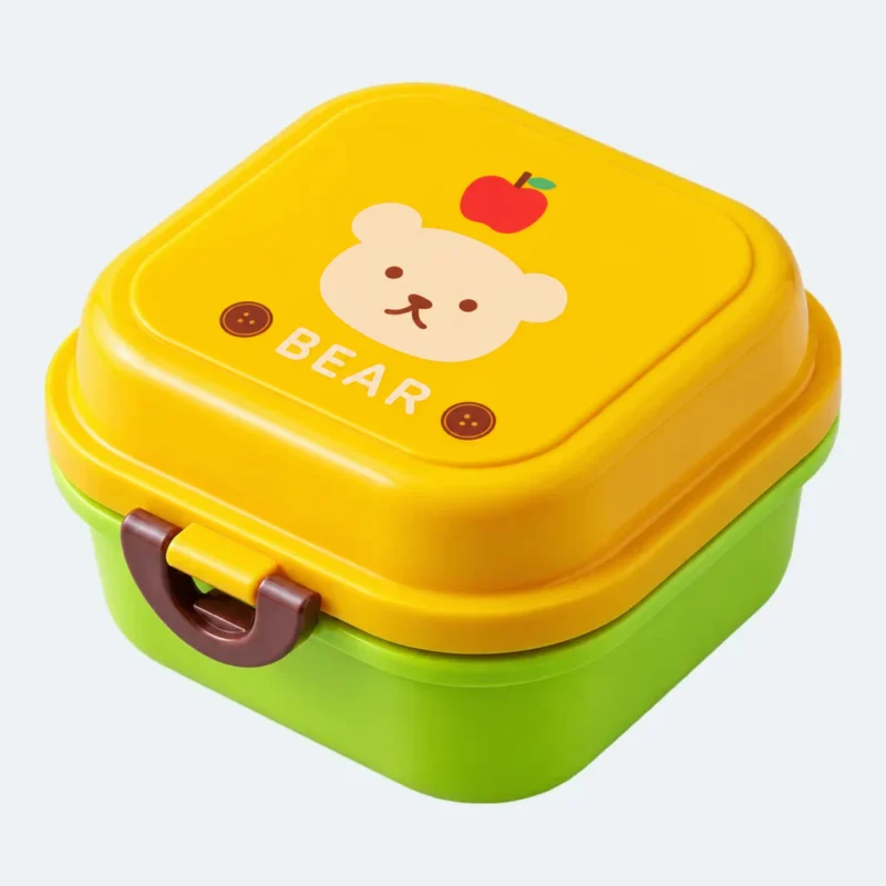 Lunch box bébé carrée jaune à motif ourson, 2 niveaux avec fermeture à clip