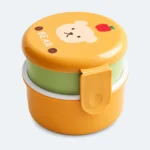 Lunch box bébé ronde jaune orangé à motif ourson, 2 bols empilés avec clip latéral