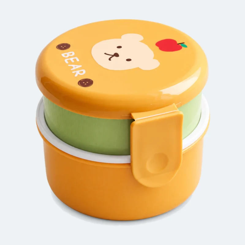 Lunch box bébé ronde jaune orangé à motif ourson, 2 bols empilés avec clip latéral