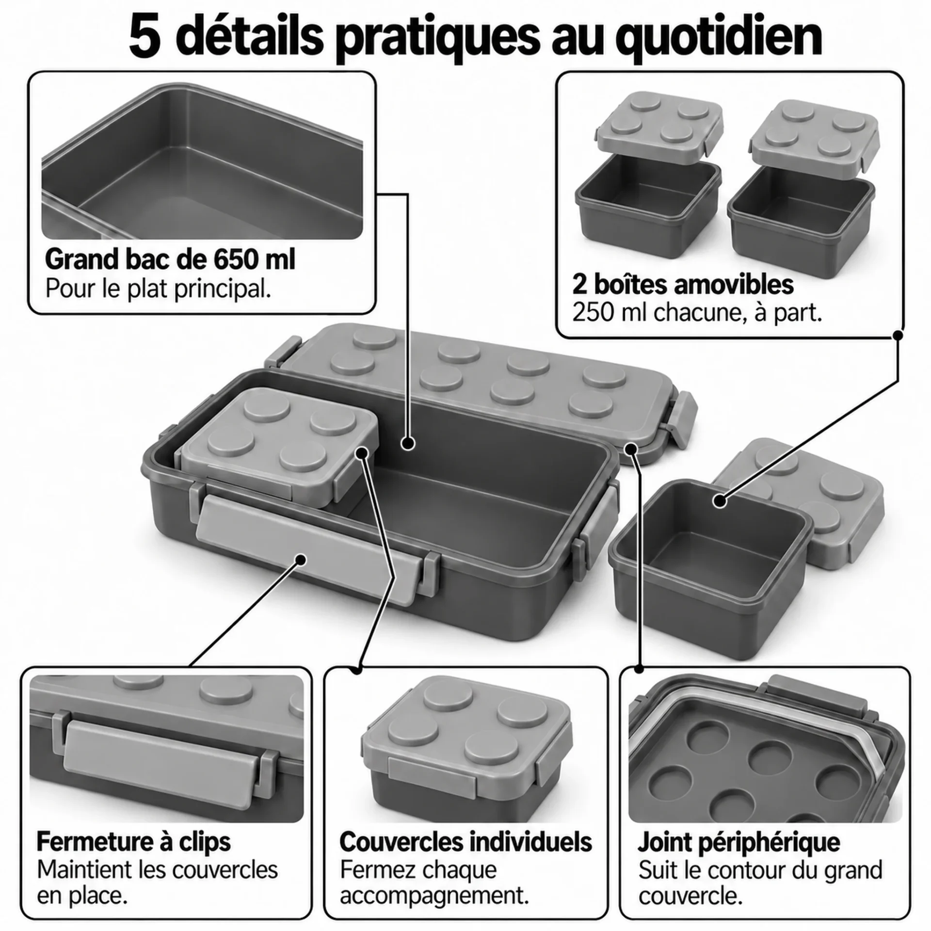 6 détails pratiques de la lunch box enfant en forme de brique : grand bac 650 ml, 2 boîtes de 250 ml, clips, couvercles individuels et joint