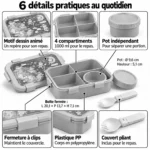 6 détails pratiques de la lunch box enfant compartiment 1000 ml : 4 compartiments, pot indépendant, fermeture à clips, plastique PP et couvert pliant