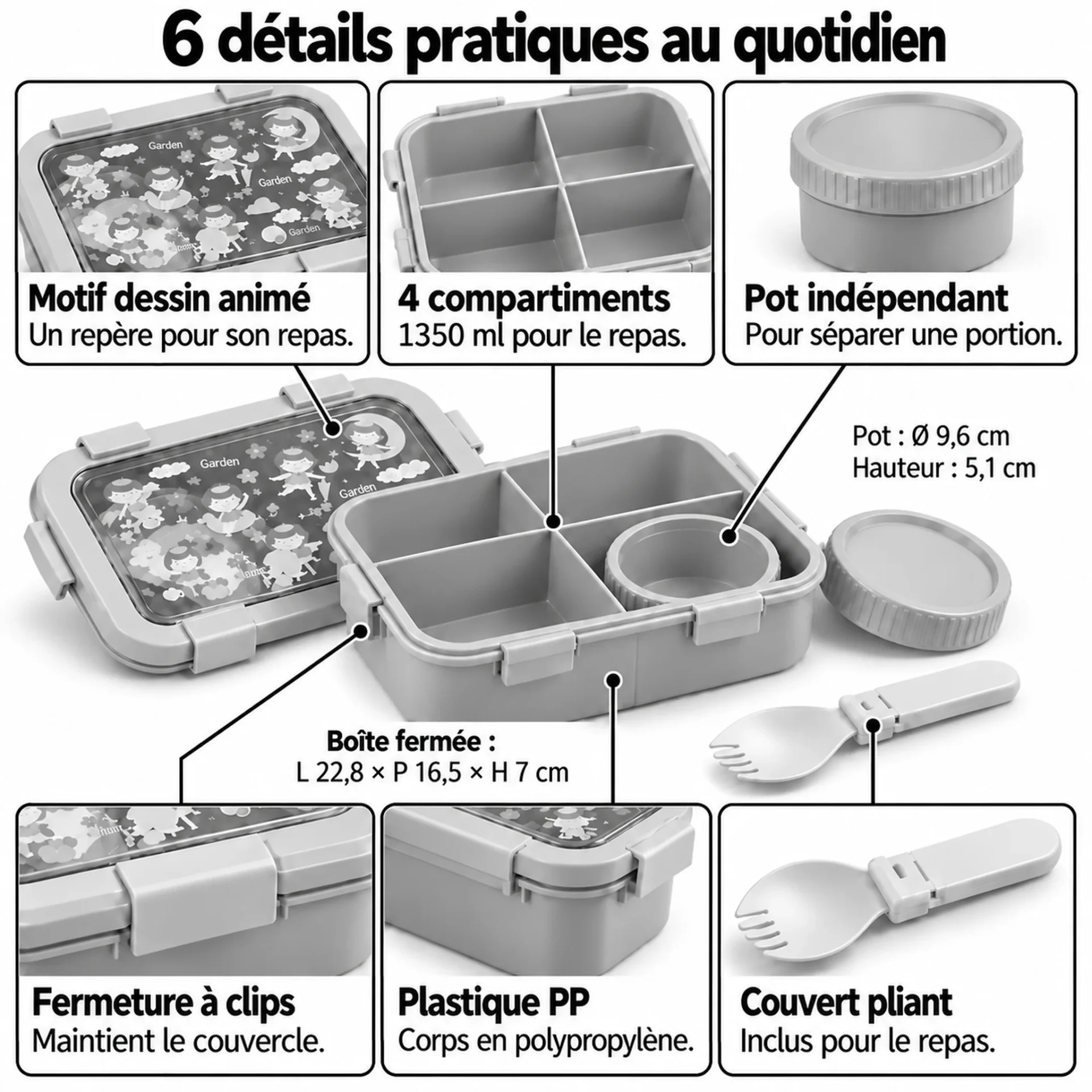 6 détails pratiques de la lunch box enfant compartiment 1350 ml : 4 compartiments, pot indépendant, fermeture à clips, plastique PP et couvert pliant