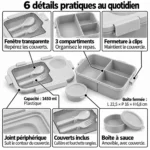 6 détails pratiques de la lunch box enfant bento : 3 compartiments, couverts inclus, pot à sauce, joint et fermeture à clips