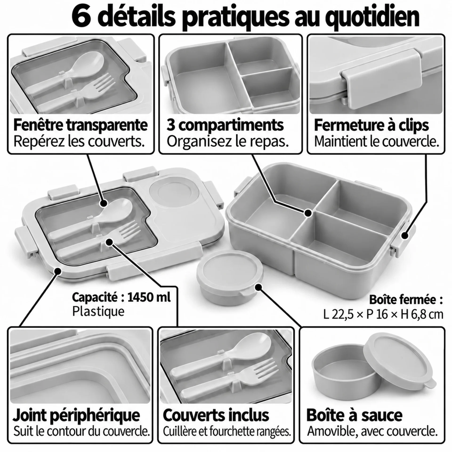 6 détails pratiques de la lunch box enfant bento : 3 compartiments, couverts inclus, pot à sauce, joint et fermeture à clips