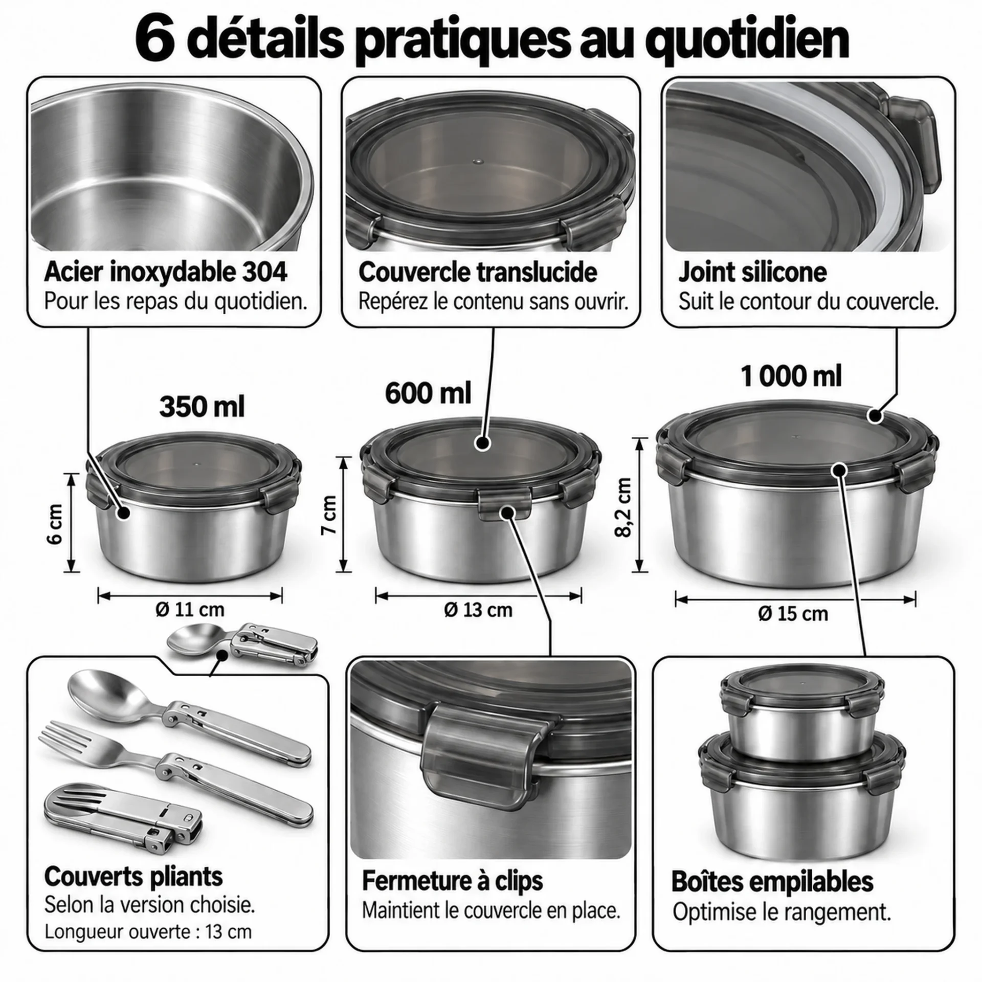 6 détails pratiques de la lunch box inox enfant avec couverts : inox 304, couvercle translucide, joint silicone, 3 formats, clips, couverts pliants et boîtes empilables