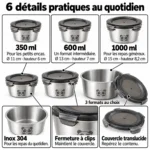 6 détails pratiques de la lunch box inox enfant ronde : formats 350, 600 et 1000 ml, inox 304, fermeture à clips et couvercle translucide