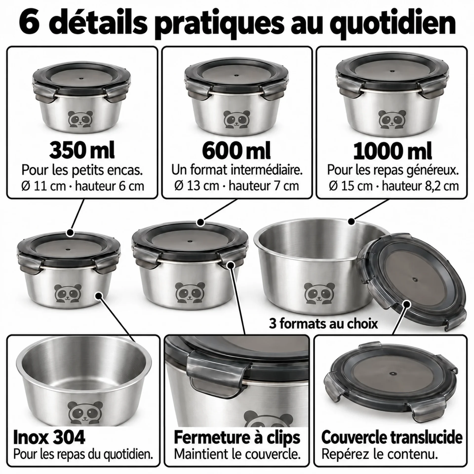 6 détails pratiques de la lunch box inox enfant ronde : formats 350, 600 et 1000 ml, inox 304, fermeture à clips et couvercle translucide