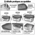5 détails pratiques de la lunch box inox enfant grande capacité : acier inoxydable, couvercle translucide, 3 formats, joint, clips et boîtes emboîtables