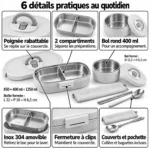 6 détails pratiques de la lunch box enfant ensemble 1250 ml : poignée rabattable, 2 compartiments, bol rond 400 ml, bac inox 304 amovible, clips et couverts avec pochette