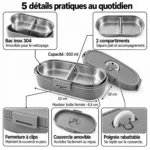 5 détails pratiques de la lunch box enfant ovale 850 ml : bac inox 304, 2 compartiments, fermeture à clips, couvercle amovible et poignée rabattable