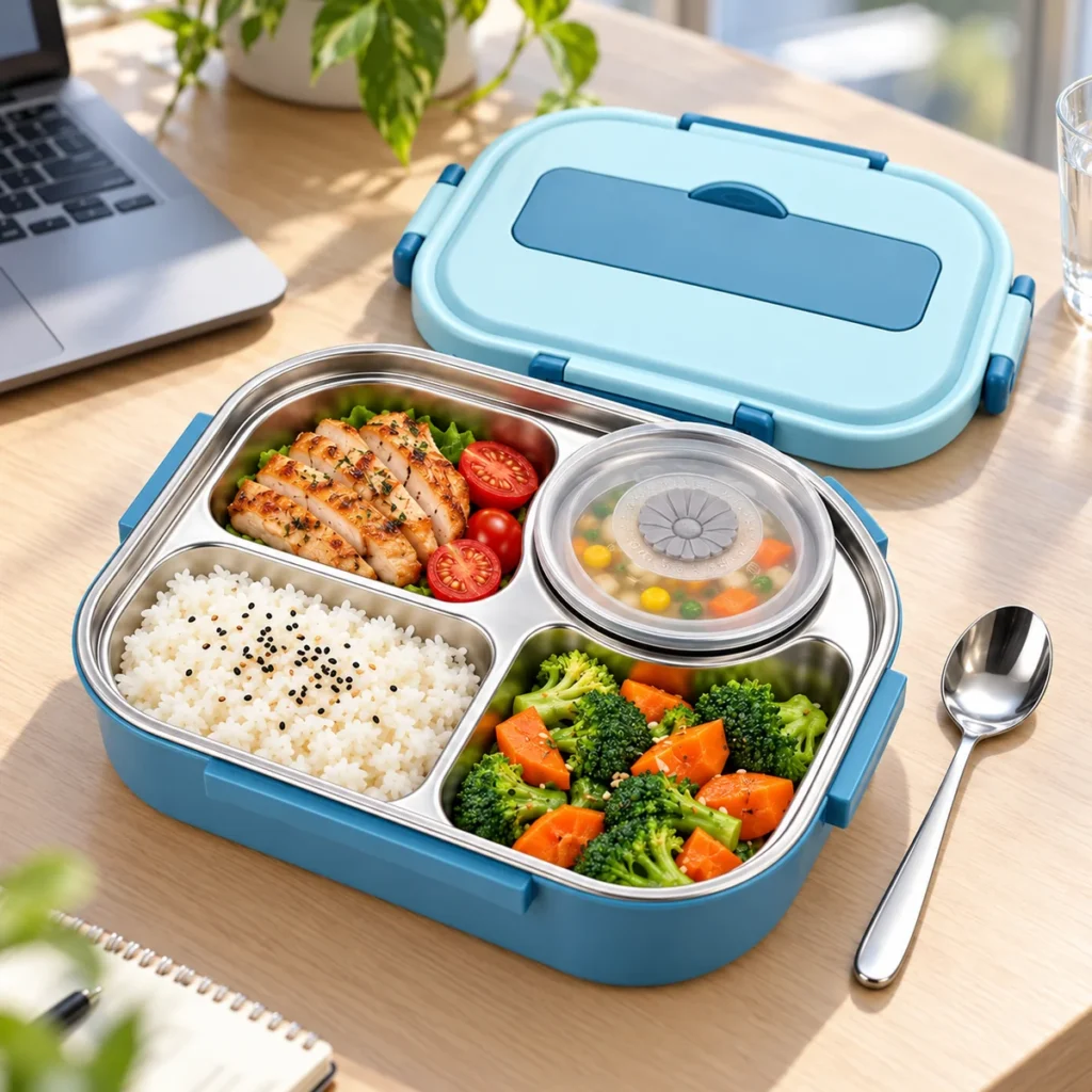 Lunch box isotherme en inox ouverte avec un repas complet sur un bureau