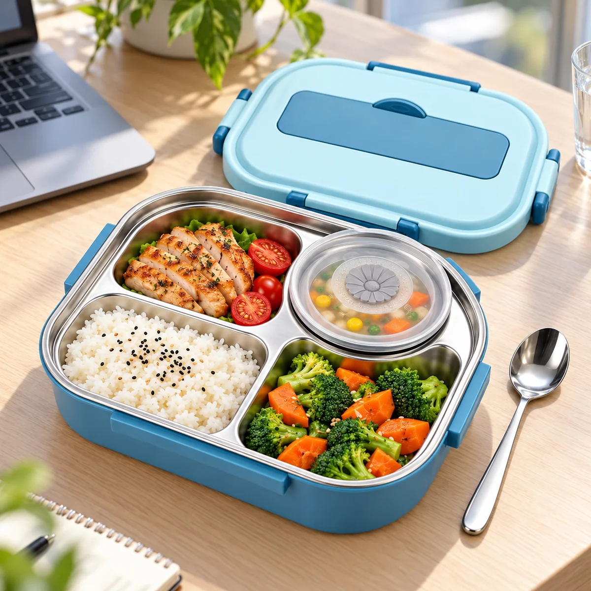 Lunch box isotherme en inox ouverte avec un repas complet sur un bureau