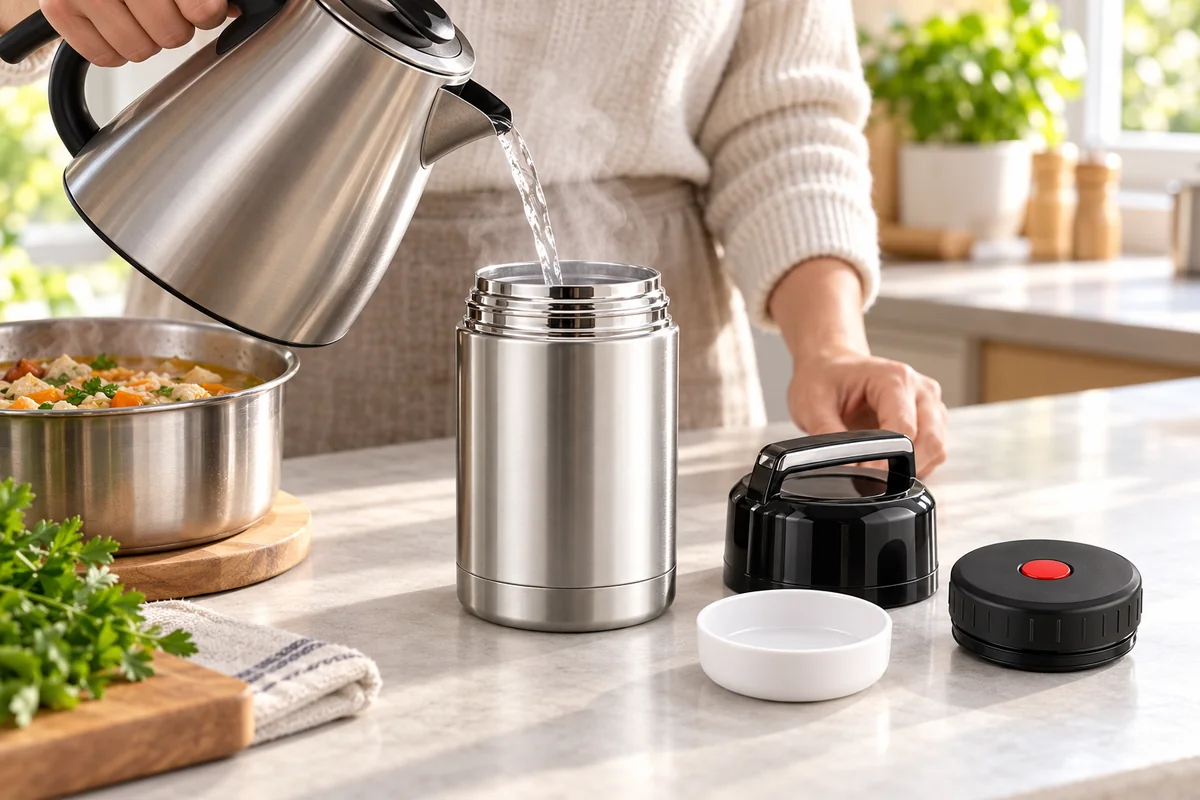 Préchauffage d'une lunch box isotherme avec de l'eau chaude avant le repas