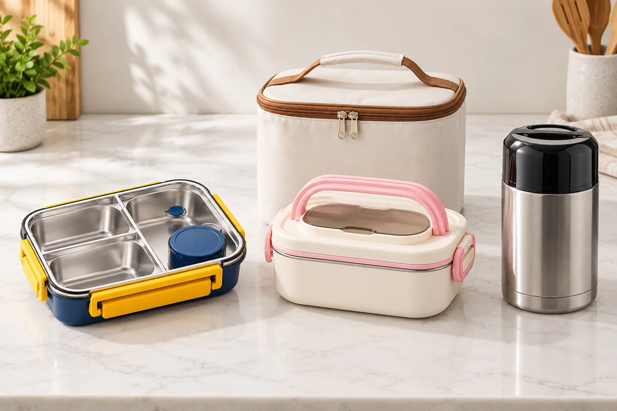 Trois modèles de lunch box isotherme en inox : compartiments, avec sac et pot sous vide
