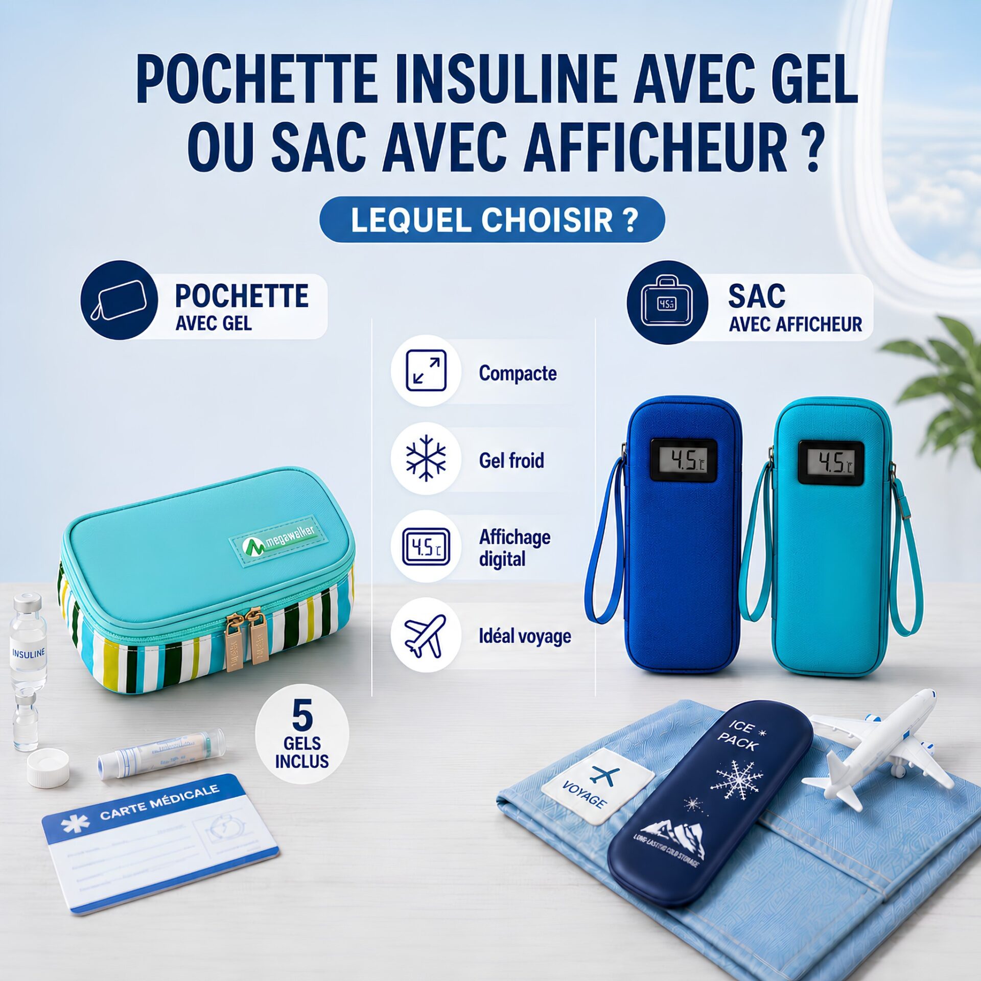 Pochette isotherme insuline avec gel et sac avec afficheur température