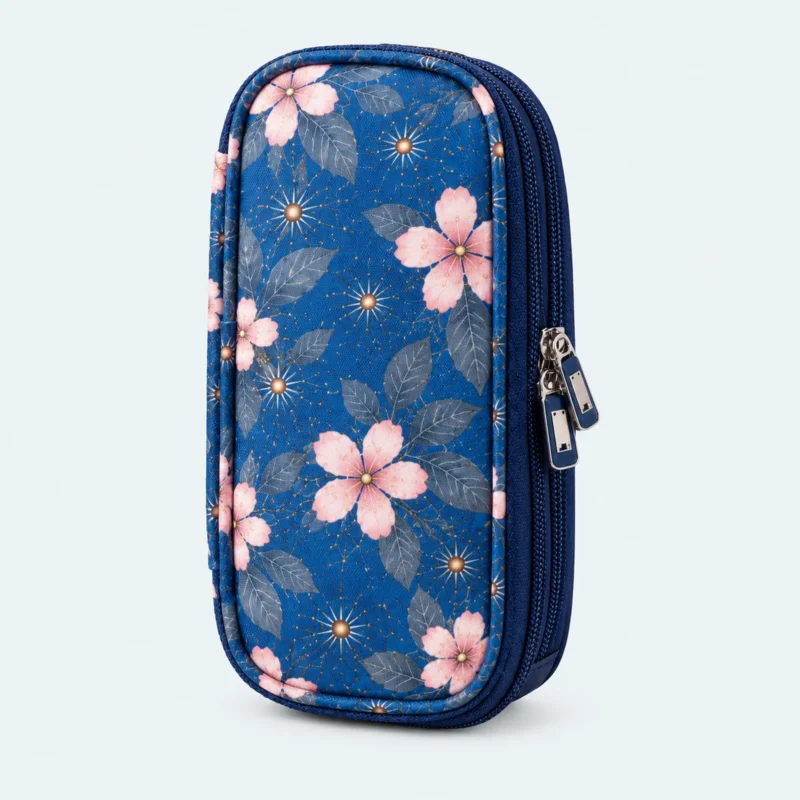 Petit sac isotherme médicaments à motif fleurs roses sur fond bleu, format compact à double zip