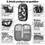 6 détails pratiques du petit sac isotherme médicaments à motif floral : tissu Oxford déperlant, double zip, format compact, élastiques, doublure aluminium et poches filet