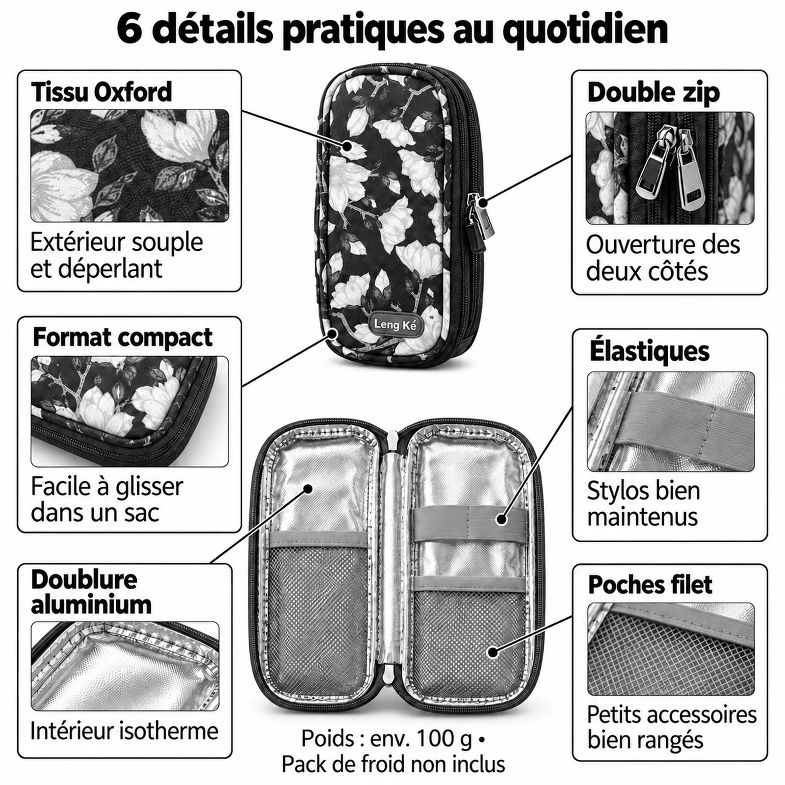 6 détails pratiques du petit sac isotherme médicaments à fleurs blanches : tissu Oxford déperlant, double zip, format compact, élastiques, doublure aluminium et poches filet