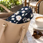 Petit sac isotherme médicaments à fleurs blanches glissé dans un sac à main beige