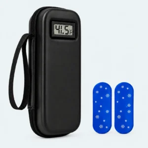Pochette isotherme vaccin noire avec afficheur de température et 2 sachets de glace bleus