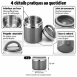 4 détails pratiques de la lunch box isotherme inox 1 L : intérieur en inox, joint de couvercle, poignée rabattable et base à rebord