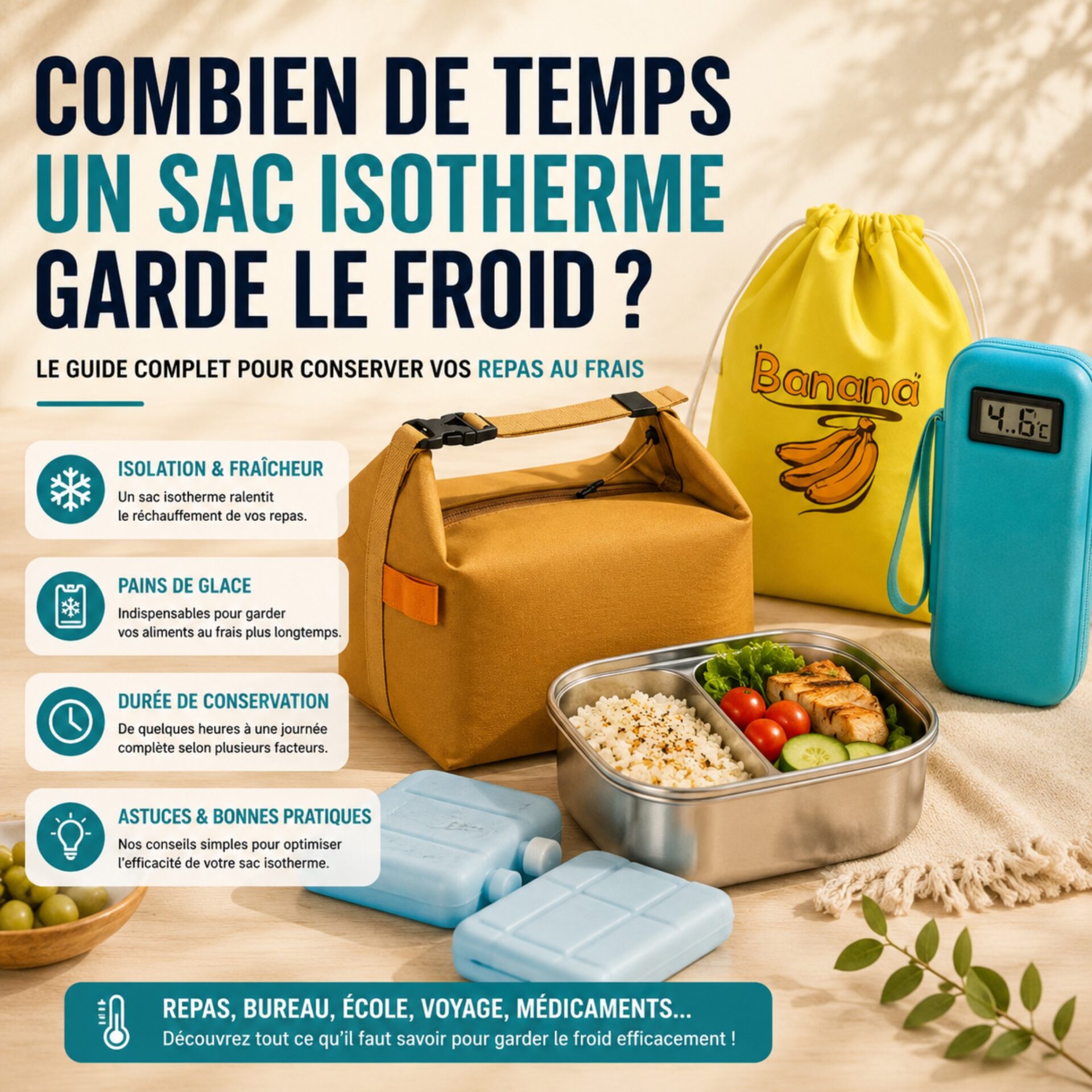 Organisation d’un sac isotherme avec lunch box et pains de glace