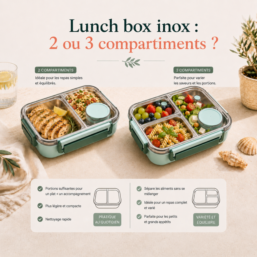 Lunch box inox 2 ou 3 compartiments avec repas équilibrés