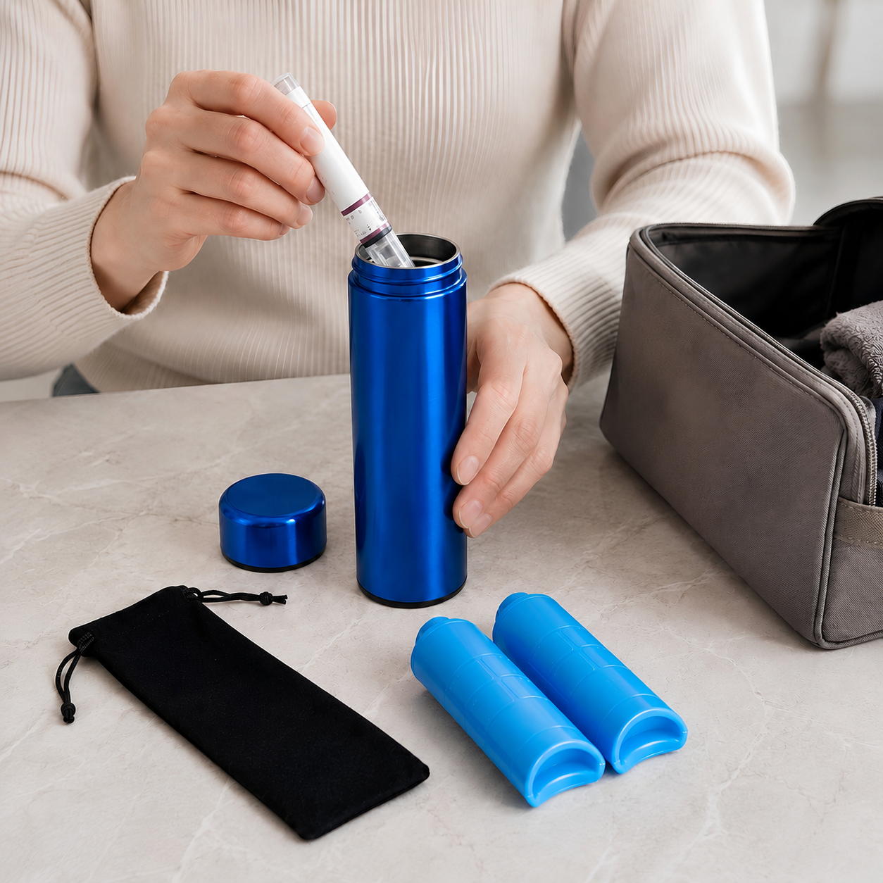 Pochette insuline isotherme – Boîte réfrigérante bleue en inox – Image 3
