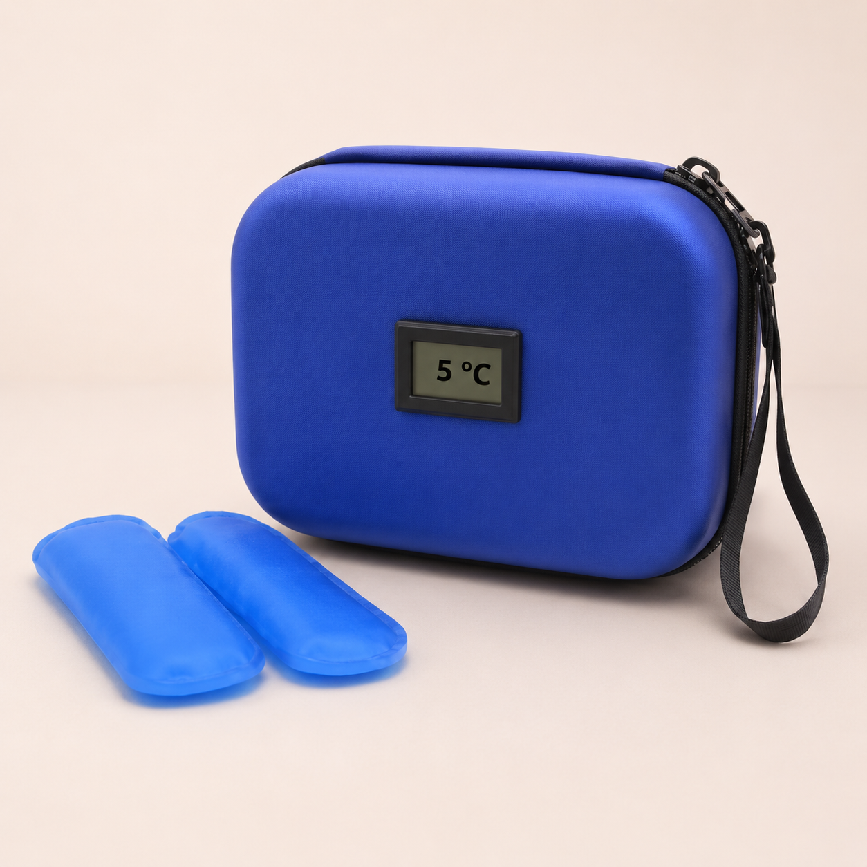 Pochette isotherme insuline bleue avec thermomètre intégré et 2 gels froids