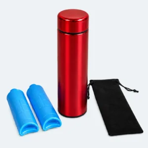 Pochette isotherme médicaments rouge en inox avec 2 bouteilles de froid bleues et housse en velours noir