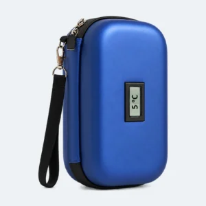 Pochette isotherme médicaments bleue à coque rigide avec thermomètre intégré en °C et dragonne