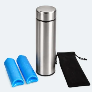 Pochette isotherme médicaments argent en inox brossé avec 2 bouteilles de froid bleues et housse en velours noir