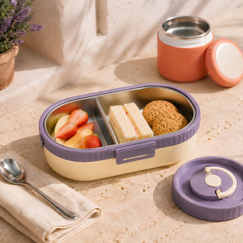 Boîte repas enfant à deux compartiments inox avec goûter