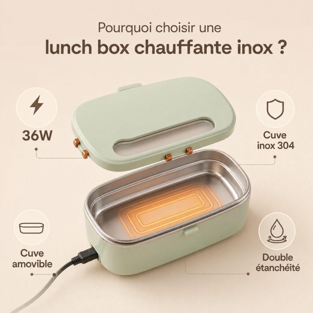 Lunch box chauffante inox 36W avec cuve inox 304 amovible et double étanchéité