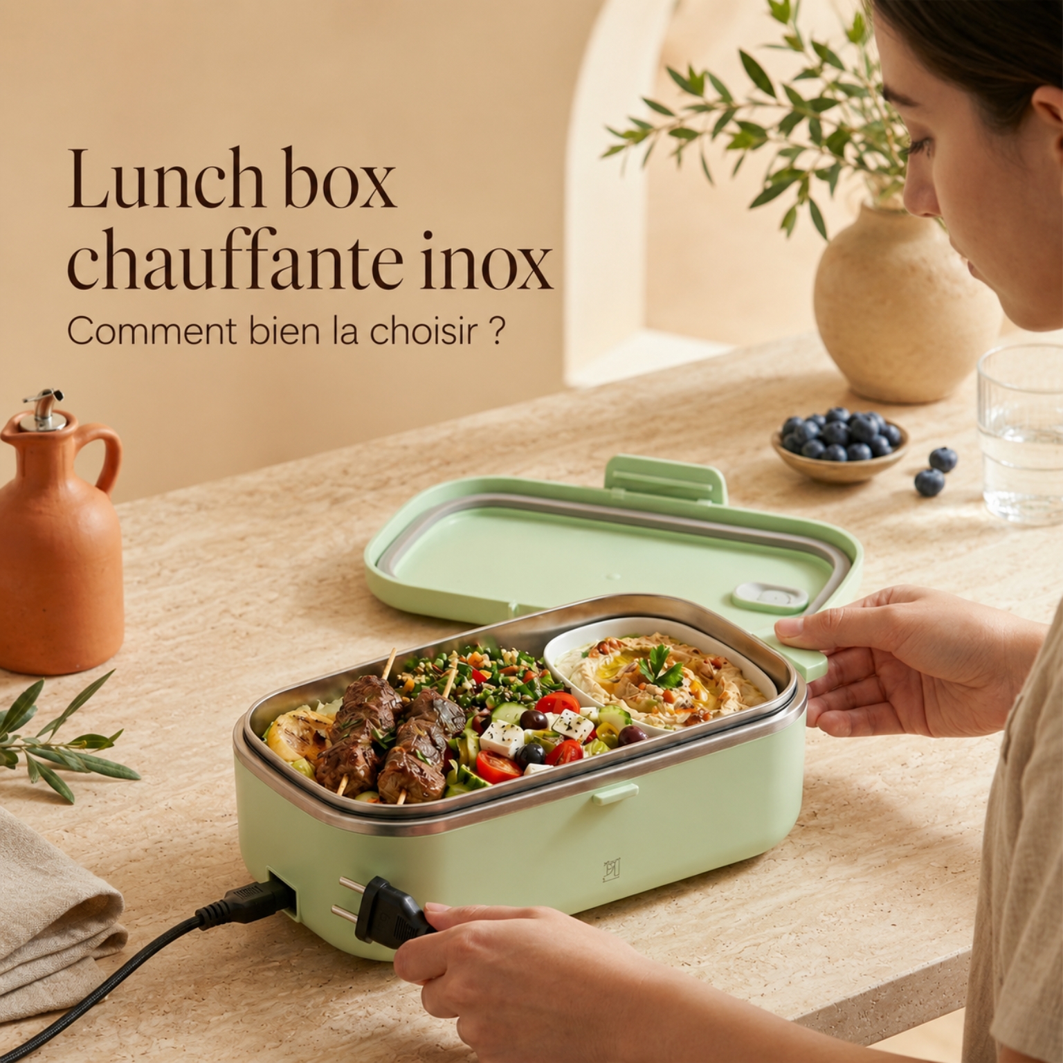 Lunch box chauffante inox verte avec cuve inox et repas chaud