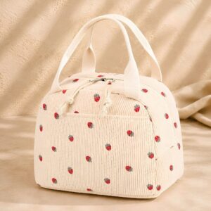 Petit sac isotherme repas en velours côtelé beige à fraises