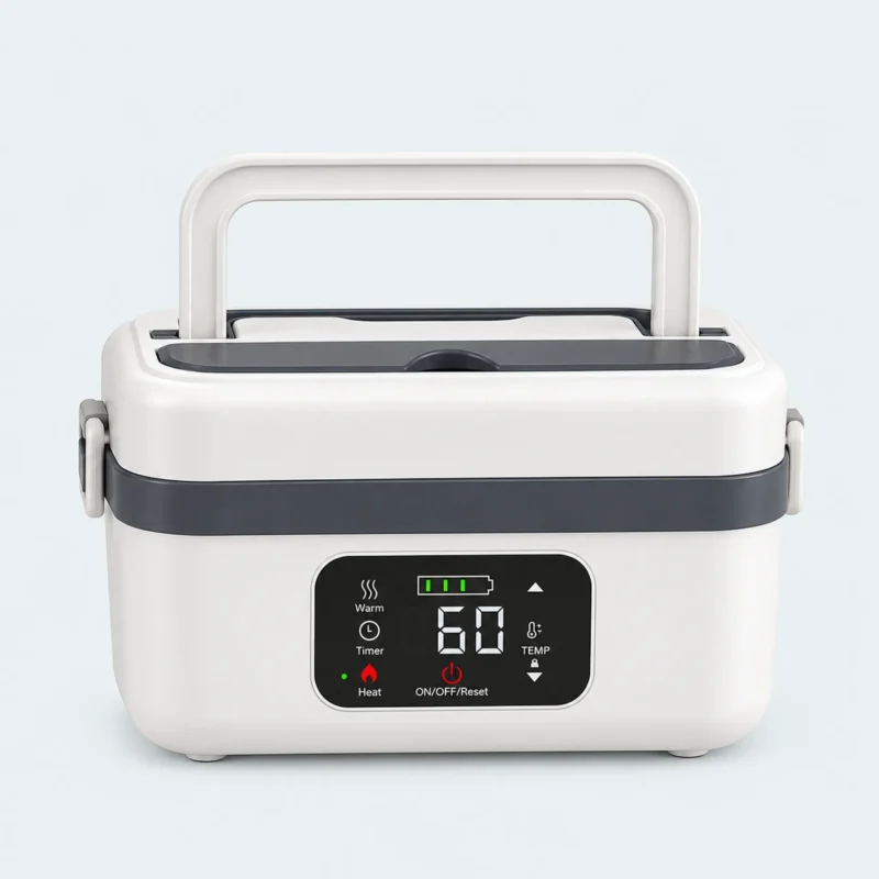 Gamelle chauffante batterie blanc et gris avec poignée et écran numérique